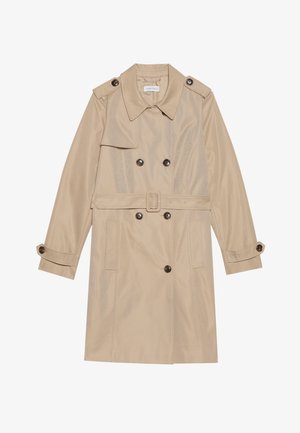 Trench coat bege feito de tecido suave, apresentando um design de duplo peito, grandes botões, um cinto e bolsos com aba.