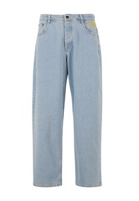 Helle blaue Denim-Jeans mit lockerer Passform, ausgestattet mit einem Knopfverschluss, Vordertaschen und einem gestickten Logo auf der Gesäßtasche.