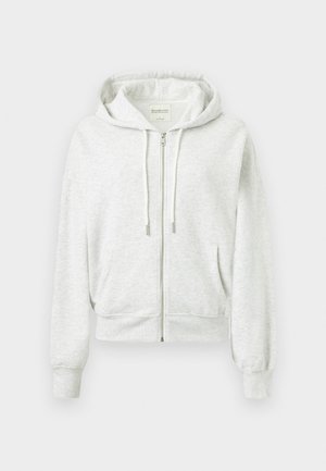 Grå lynlås hoodie med hætte, forlommer, ribbede manchetter og kant; blødt stof med en let struktureret overflade.