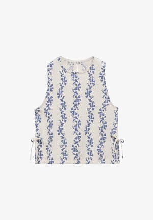 Bež top brez rokavov z cvetličnim vzorcem in modrimi motivi, z okroglim izrezom in nastavljivimi stranskimi vezalkami za prilagoditev prileganja.