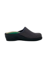 Zoccolo grigio con motivo floreale, dotato di una parte superiore morbida, insole verde e suola a cuneo nera, progettato per comfort e facilità di calzata.