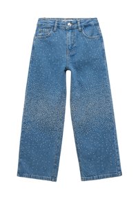 Ljust blå denim vidbenade jeans med spridda silverfärgad rhinestone-dekorationer, med knappstängning och framfickor.