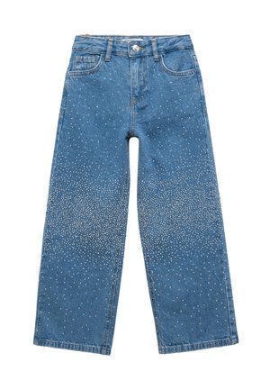 Jeans de mezclilla de corte amplio en azul claro con adornos de strass plateados dispersos, que cuentan con un cierre de botón y bolsillos delanteros.
