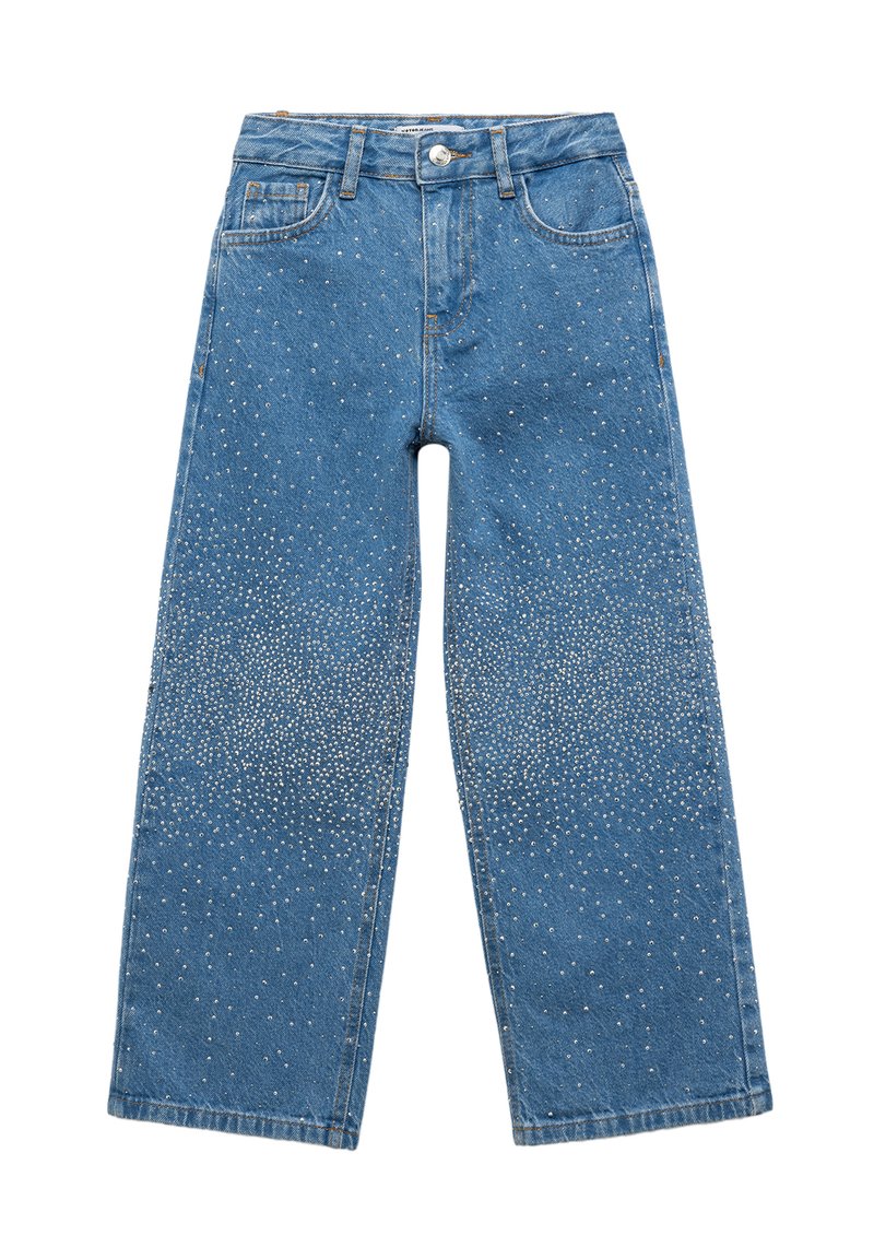 Ljust blå denim vidbenade jeans med spridda silverfärgad rhinestone-dekorationer, med knappstängning och framfickor.
