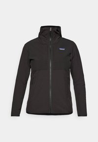 Black Patagonia zip-up jacket with hood, long sleeves, front pockets, and a small logo on the upper left chest.