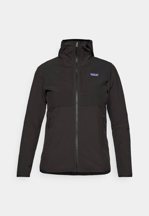 Zwarte Patagonia zip-up jas met capuchon, lange mouwen, voorzakken en een klein logo op de bovenste linkerkant van de borst.
