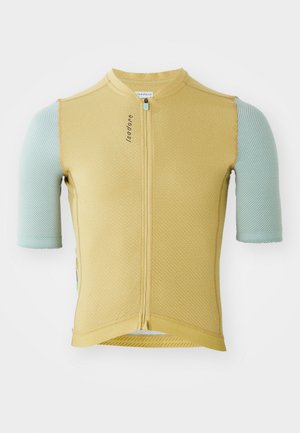 Maillot de cyclisme à manches courtes de couleur jaune et bleu clair, avec une fermeture éclair à l'avant, un tissu texturé et une coupe ajustée.