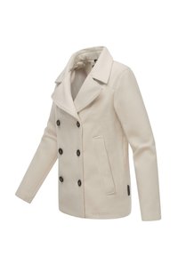 Manteau peacoat beige clair avec un col cranté, une fermeture à double boutonnage, des boutons noirs, des poches latérales et une texture douce.