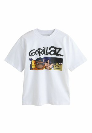 Weißes Baumwoll-T-Shirt mit einer farbigen grafischen Illustration von vier stilisierten Charakteren und dem Schriftzug „Gorillaz“ in Schwarz. Kurze Ärmel.