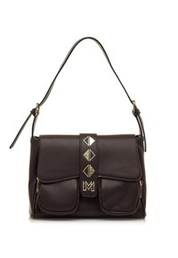 Borsa a tracolla in pelle marrone con una patta pieghevole, due tasche frontali e accessori decorativi in tonalità oro con forme geometriche.