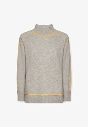 Harmaa pörröinen villapaita keltaisilla yksityiskohdilla saumoissa ja helmassa. Ominaisuuksiin kuuluvat ribbaustaskut ja rento istuvuus. Pehmeä rakenne, jossa on minimaalinen muotoilu.