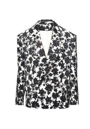 Blazer imprimat floral în alb și negru, cu un design dublu-breasted, rever în vârf și două buzunare frontale. Textură netedă.