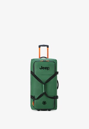 Borsa da viaggio verde con manici e accessori neri, dotata di un manico retrattile arancione, logo Jeep e tasca anteriore con zip.