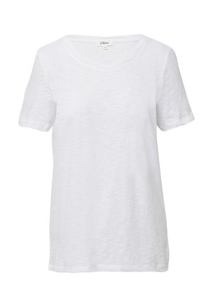 Biała krótka koszulka z krótkim rękawem, wykonana z lekkiego, strukturalnego materiału, z okrągłym dekoltem i podwiniętymi rękawami. Prosty, klasyczny fason.