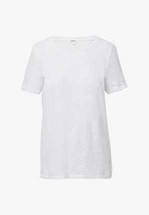 Witte T-shirt met korte mouwen, gemaakt van lichte, gestructureerde stof, met een ronde hals en opgerolde mouwen. Eenvoudig, klassiek ontwerp.