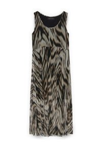 Robe jusqu'aux genoux avec un col rond, fabriquée en tissu doux et ornée d'un motif abstrait d'imprimé animal noir, marron et gris.