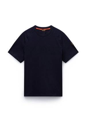 Mörk marinblå bomull T-shirt med rund halsringning, korta ärmar och "NAPAPIJRI" präglat på framsidan. Har en logotyp patch på ärmen.