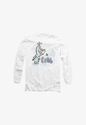 Weißes Langarm-T-Shirt mit einem Cartoon-Schneemann, der eine Karottennase hat, einen Schneeflocke hält und dem Text "COOL wie Eis" in Blau.