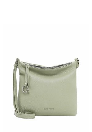 Borsa crossbody in pelle verde chiaro con chiusura a zip, superficie texturizzata, tracolla regolabile e dettaglio ad anello metallico sul lato.