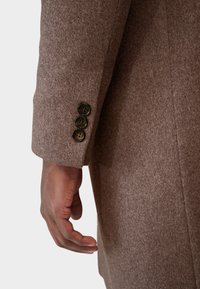 Mouwen van een bruin wol coat met drie donkere knopen. De stof heeft een zachte textuur met een gladde afwerking. Close-up van een hand die ernaast rust.