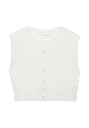 White sleeveless cropped cardigan with round neck and front button closure, ribbed hem, and brand label inside collar.