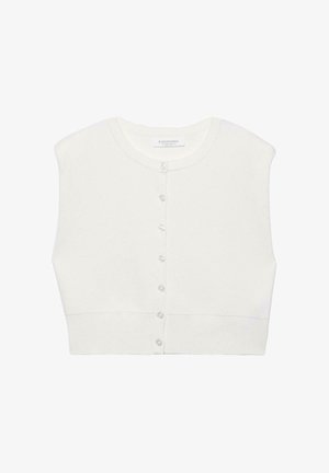 Bela brezrokavna skrajšana jopica z okroglim izrezom in zapiranjem na gumbe spredaj, rebrastim spodnjim robom in blagovno znamko znotraj ovratnika.