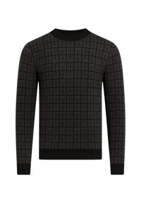 Maglione nero a maniche lunghe con motivo a griglia che presenta forme geometriche astratte in grigio scuro, scollo a girocollo e polsini e orlo aderenti.