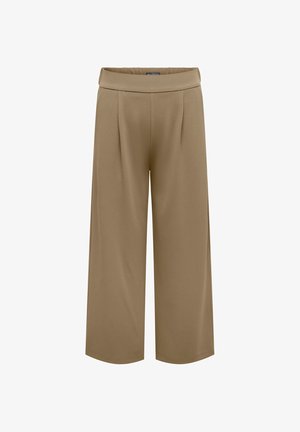 Laiade lõikega beežid lühendatud püksid kõrge vöökohaga ja ees voldid, valmistatud siledast kangast.