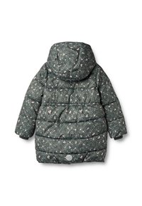 Padded jacket in dark green with floral pattern in pink and white. Features a hood, ribbed cuffs, and stitched sections for shape.