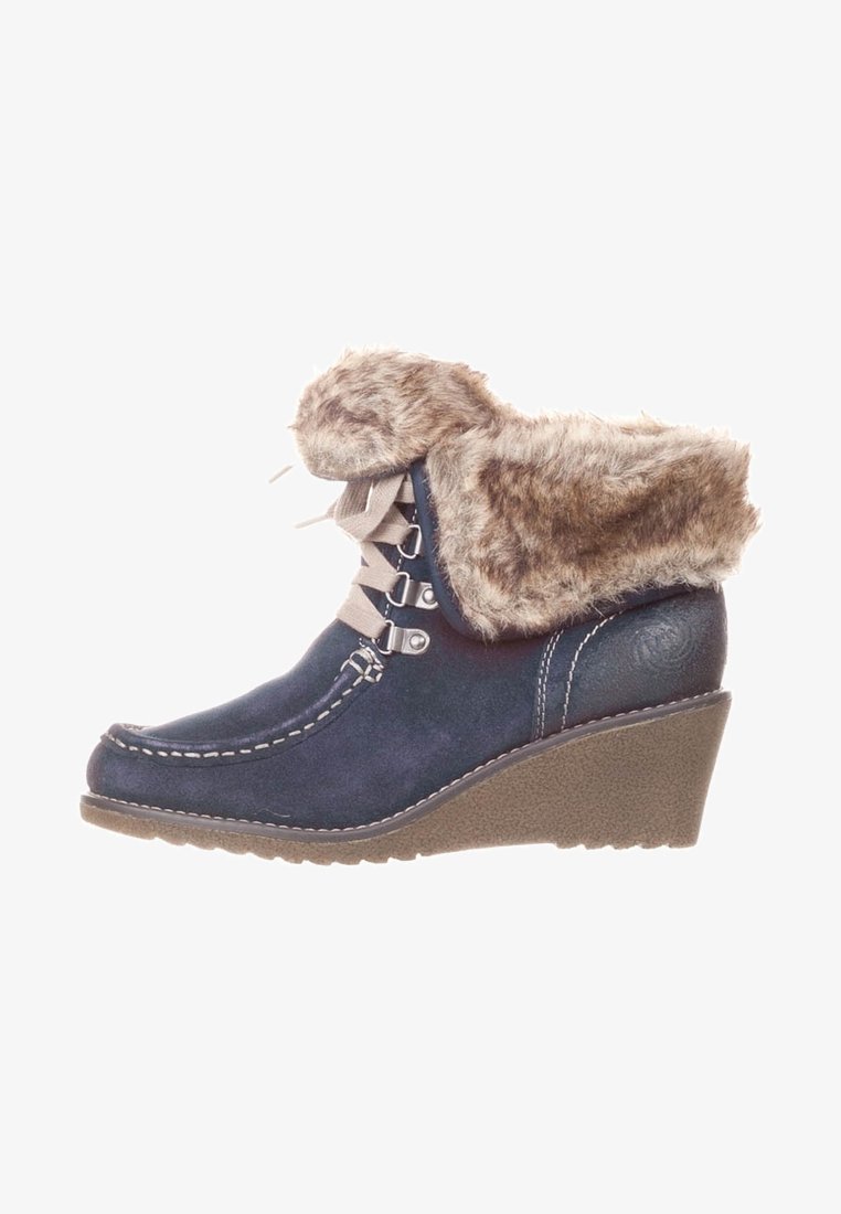 Bottes compensées bleu foncé avec un col en fausse fourrure, en matériau en daim, à lacets et avec des détails de couture blanche sur la tige.