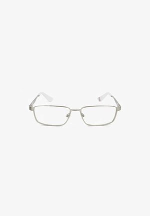 Occhiali rettangolari in metallo con montature sottili color argento e terminali delle aste bianchi, mostrati su uno sfondo bianco.
