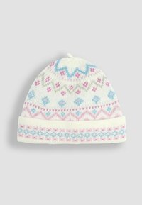 Kreemivärvi kudumisbeanie pastellroosa ja sinise geomeetrilise musteriga, millel on volditud äär ja ülemine kühvel. Pehme tekstuur, soe disain.