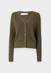 Olivovo zelený pruhovaný cardigán s V-výstrihom, zapínaním na gombíky a dlhými rukávmi. Látka má textúrovaný pletený vzor a obtiahnutý lem.