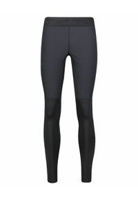 Leggings de sport noirs avec une coupe ajustée, dotés d'une large ceinture et de panneaux noirs mats contrastants sur le bas des jambes.