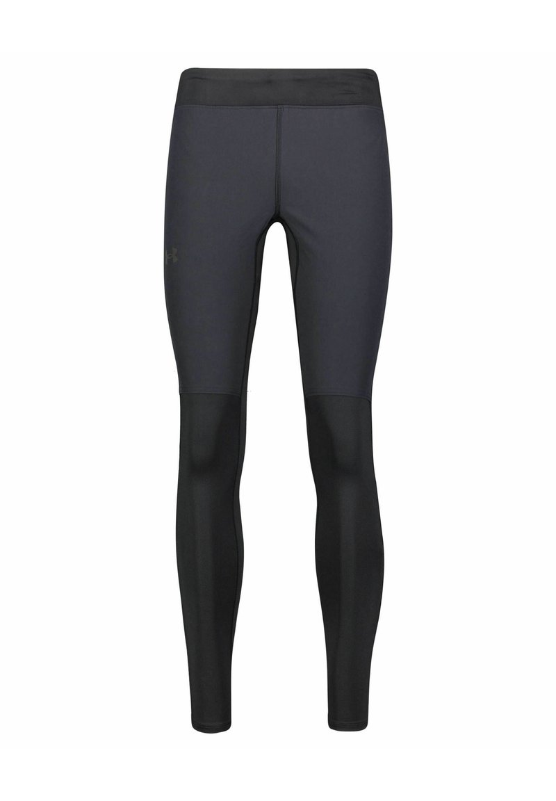 Leggings de sport noirs avec une coupe ajustée, dotés d'une large ceinture et de panneaux noirs mats contrastants sur le bas des jambes.
