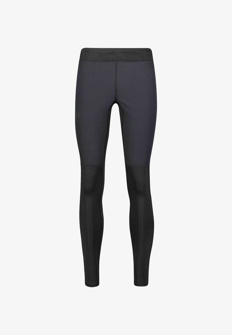 Leggings sportivi neri con un design aderente, caratterizzati da una vita alta e pannelli neri opachi contrastanti sulle gambe inferiori.