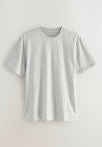 Grå bomulls t-shirt med rund halsringning, korta ärmar och avslappnad passform; har en slät textur och ett subtilt melerat mönster.