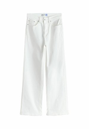 White wide-leg jeans with front button and zipper closure, belt loops, and five-pocket design.