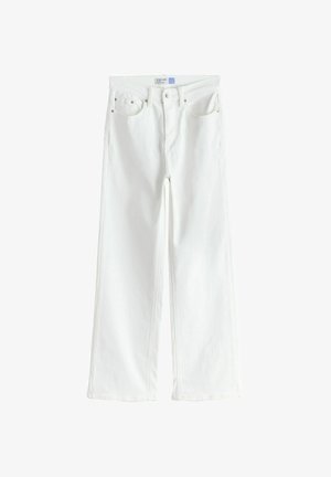 Fehér, széles szárú farmer elöl gombos és cipzáras záródással, övbújtatókkal és ötlovas zsebes kialakítással.