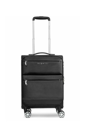 Black rolling suitcase with a textured finish, a telescopic handle, two front zippers, and four spinner wheels. Brand name "bugatti" displayed prominently.