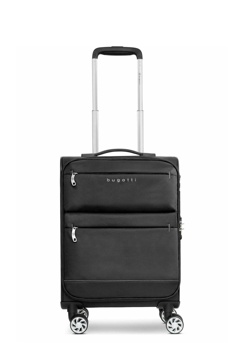 Zwart rolkoffertje met een textuurafwerking, een telescopische handgreep, twee ritsen aan de voorkant en vier draaibare wielen. Merkwaarde "bugatti" prominent weergegeven.