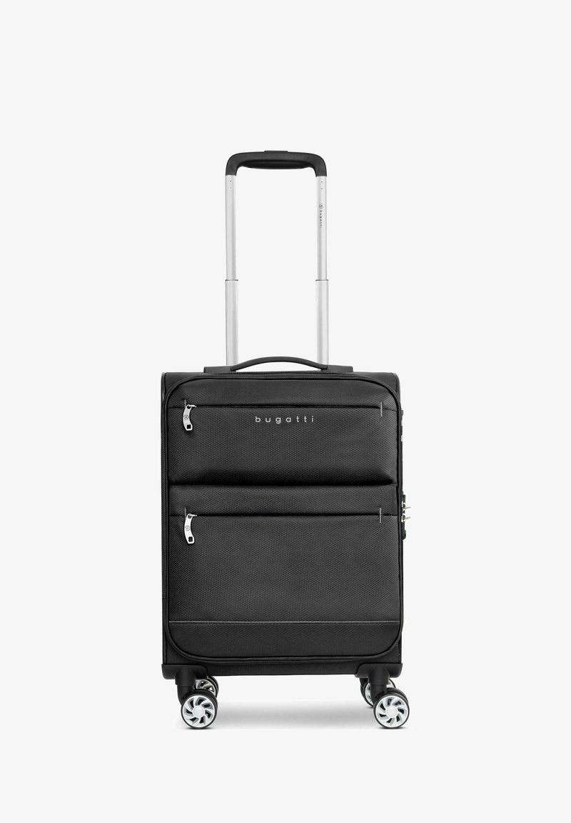 Zwart rolkoffertje met een textuurafwerking, een telescopische handgreep, twee ritsen aan de voorkant en vier draaibare wielen. Merkwaarde "bugatti" prominent weergegeven.