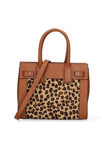 Borsa a mano in pelle marrone con fronte a stampa leopardata, design strutturato, doppio manico e tracolla removibile. Texture liscia.
