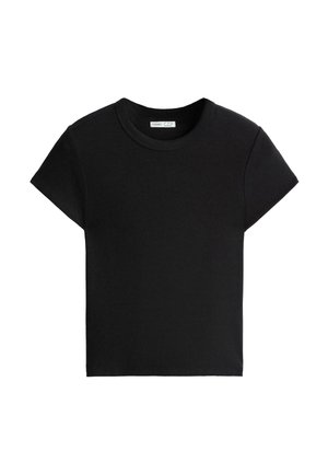 Schwarzes T-Shirt mit kurzen Ärmeln und Rundhalsausschnitt, flach ausgelegt, schlichtes Design mit sichtbaren Nähten an Ärmeln und Kragen.