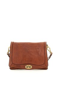 Brown leather shoulder bag with an embossed leaf pattern, flap closure, and gold-tone hardware. Features a removable strap and stitched accents.