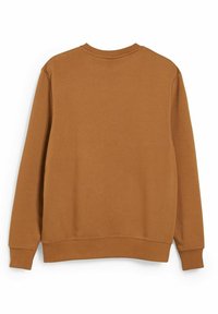Sweat-shirt marron uni à col rond, manches longues, poignets et ourlet côtelés, présenté de dos sur un fond blanc.