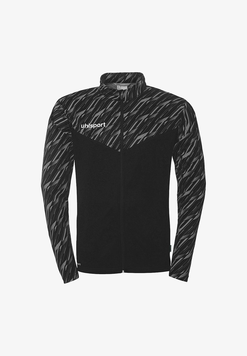 Sort jakke med mønstrede lange ærmer, har en høj krave, fuld lynlås og et kontrasterende sort panel over brystet. Brandlogo vist.