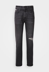 Jean en denim noir avec une coupe droite, des détails déchirés au niveau des genoux, un style à cinq poches et une finition légèrement délavée.