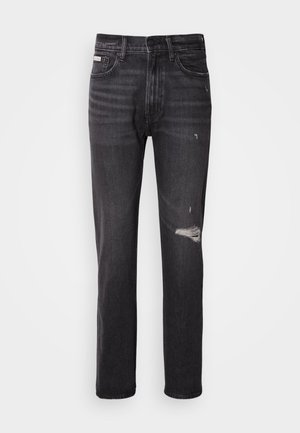 Zwarte denim jeans met een rechte pijp, verwerkte details bij de knie, vijf-pocket styling en een subtiele vervaagde afwerking.