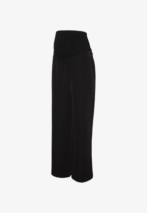 Calças largas pretas com cintura alta e elástica, feitas de tecido macio. Apresentam uma textura suave e costuras limpas e ajustadas.